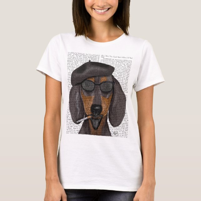 Camiseta Hipster Dachshund Negro y Tan (Anverso)