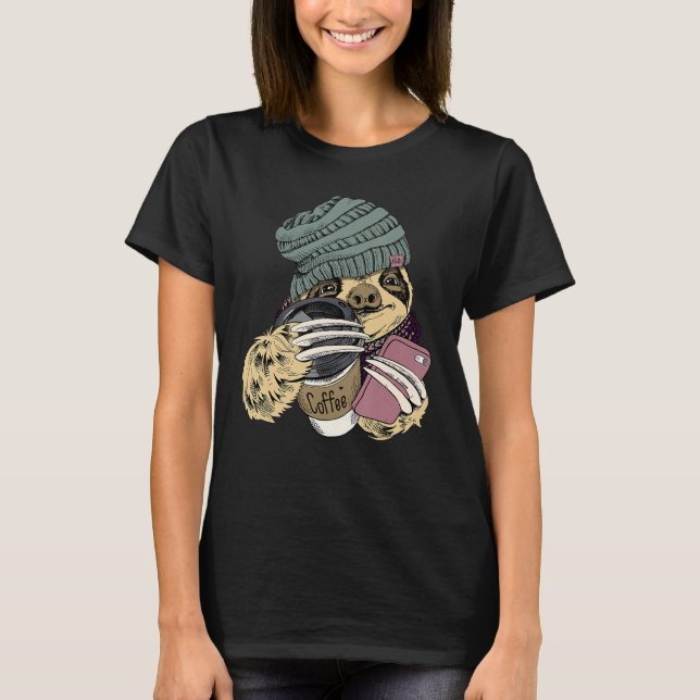 Camiseta Hipster Sloth con Beanie Gorra Coffee Phone (Anverso)