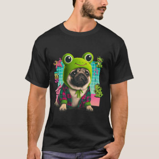Camiseta Hispter pug con un sombrero de rana puesto