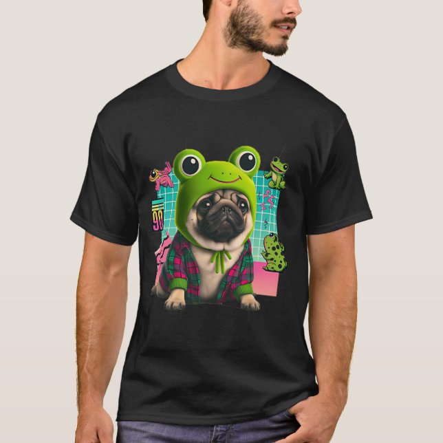 Camiseta Hispter pug con un sombrero de rana puesto (Anverso)