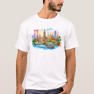 Camiseta hitos de Bangkok con templos río y cielo de la ciu