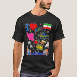 Camiseta Hitos iraníes dibujados con la mano, mapa de Irán,