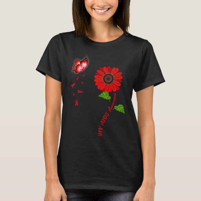Camiseta HIV Aids Awareness Red Butterfly Sunflower Ribbon (Anverso)