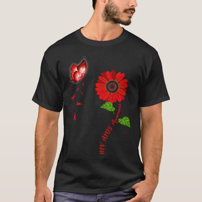 Camiseta HIV Aids Awareness Red Butterfly Sunflower Ribbon (Anverso)
