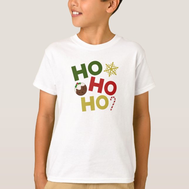Camiseta HO HO + Navidades Pudding, Candy, Snowflake (Anverso)