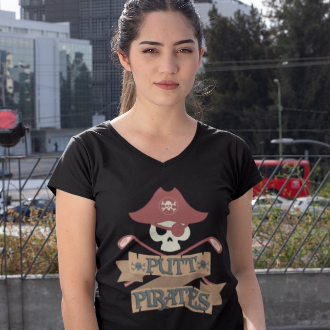 Camiseta Hobby de Golfing de Putt Pirates (Putt Pirate Golf Lover Black V-Neck Womens T-Shirt)