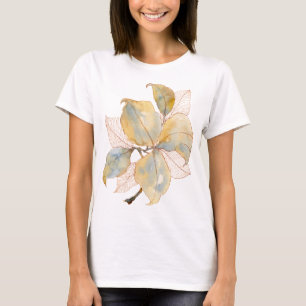 Camiseta Hojas botánicas acuarelas doradas azules suaves