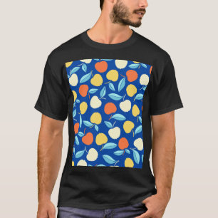 Camiseta Hojas de manzanas, fondo azul, patrón sin costuras
