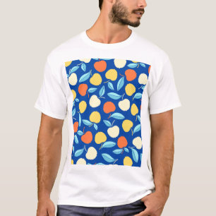 Camiseta Hojas de manzanas, fondo azul, patrón sin costuras
