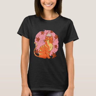 Camiseta Hojas de Otoño Acogedor Gato Temporada Otoño