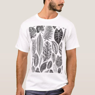 Camiseta Hojas exóticas, blanco y negro floral vintage.