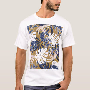 Camiseta Hojas Tropicales Coloridas Fondo Naranja
