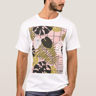 Camiseta Hojas tropicales, flores, patrón pintado a mano.