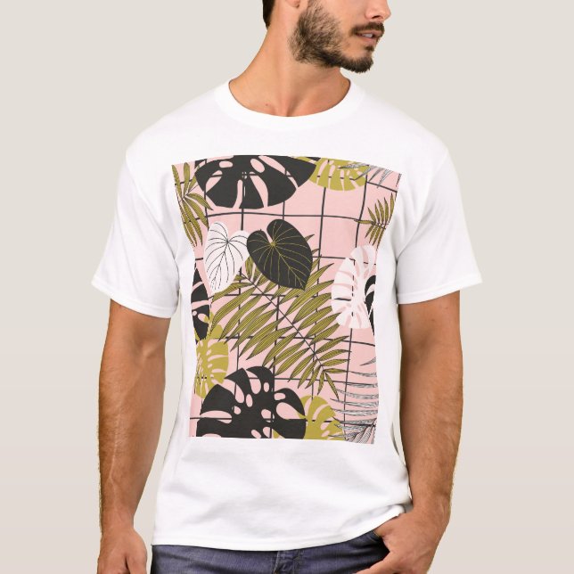 Camiseta Hojas tropicales, flores, patrón pintado a mano. (Anverso)