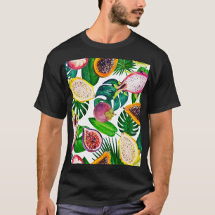 Camiseta Hojas tropicales, frutas, gouache sin costura.