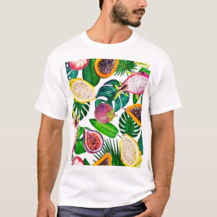Camiseta Hojas tropicales, frutas, gouache sin costura.