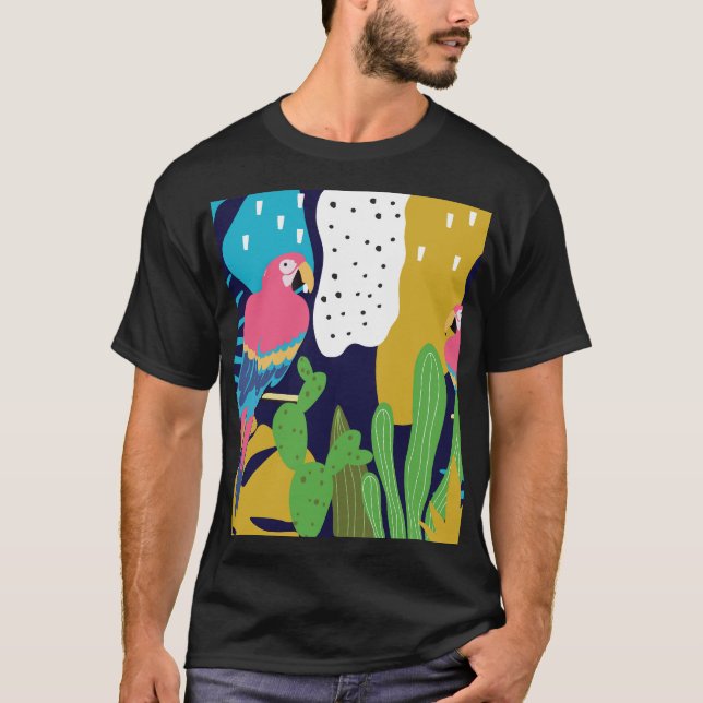 Camiseta Hojas tropicales, loros: fondo de verano. (Anverso)