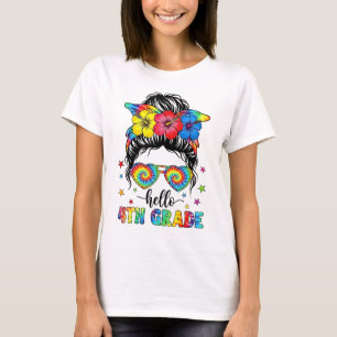 Camiseta Hola, 4° grado de Messy Bun primer día de escuela
