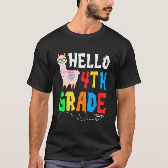 Camiseta Hola 4 Grado Llama Feliz Primer Día De La Escuela (Anverso)