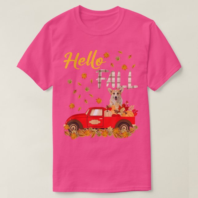Camiseta Hola Caída Corgi Retriever Leaf Otoño Camión Rojo  (Diseño del anverso)