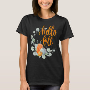 Camiseta Hola Caída, hojas de colores otoñales, calabazas y