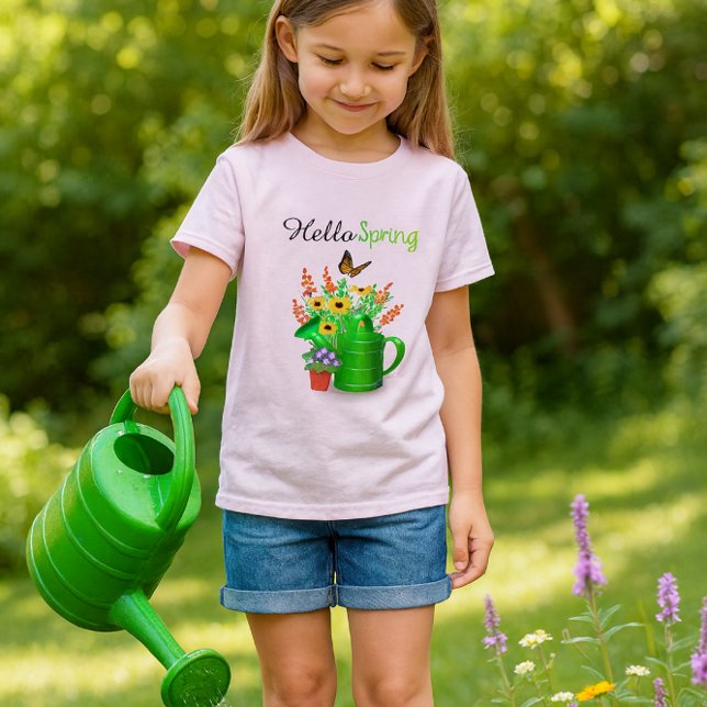 Camiseta Hola Chicas Jardín de Flores de Primavera Rosa  (Garden girl pink tee with wildflowers..Girls that love flowers will like this t-shirt )