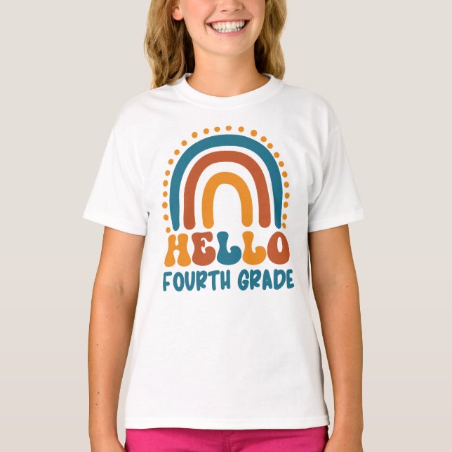 Camiseta Hola cuarto grado estilo retro boho arco iris (Anverso)