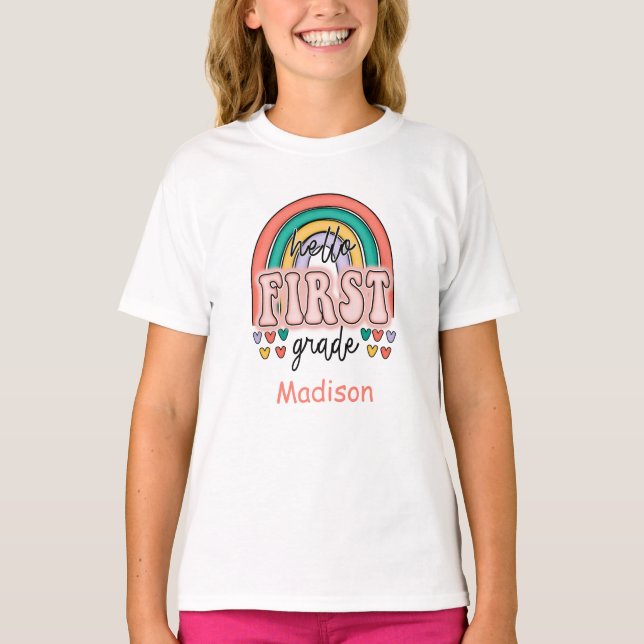 Camiseta Hola de primer grado, arcoíris de regreso a clases (Anverso)