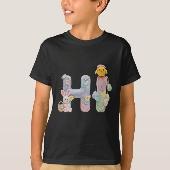 Camiseta Hola Diseño de conejito y pollito de ganchillo pas (Anverso)
