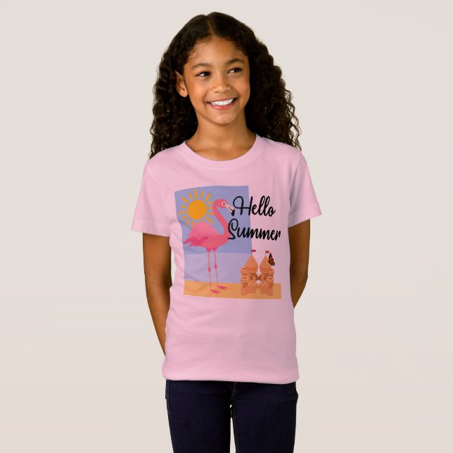 Camiseta Hola diseño de flamenco rosado de verano - Chica J (Anverso completo)