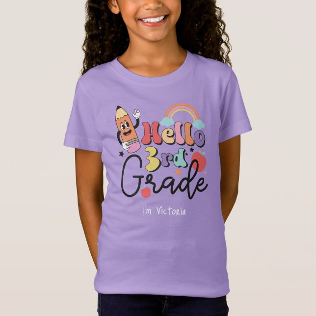 Camiseta Hola escuela primaria colorida de tercer grado (Anverso)