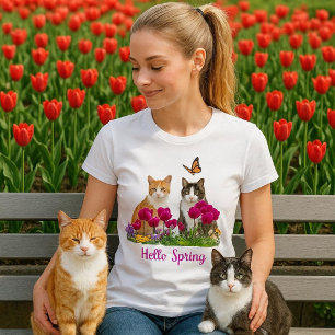 Camiseta Hola Gatos de Primavera en Jardín de Flores de Tul
