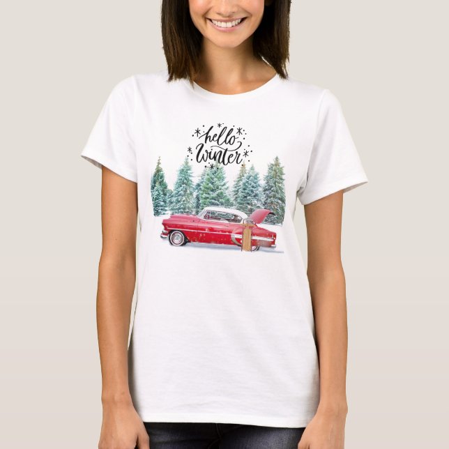 Camiseta Hola invierno - Coche rojo antiguo (Anverso)