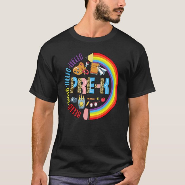 Camiseta Hola Leopard Pre-K de vuelta al lápiz arcoiris del (Anverso)