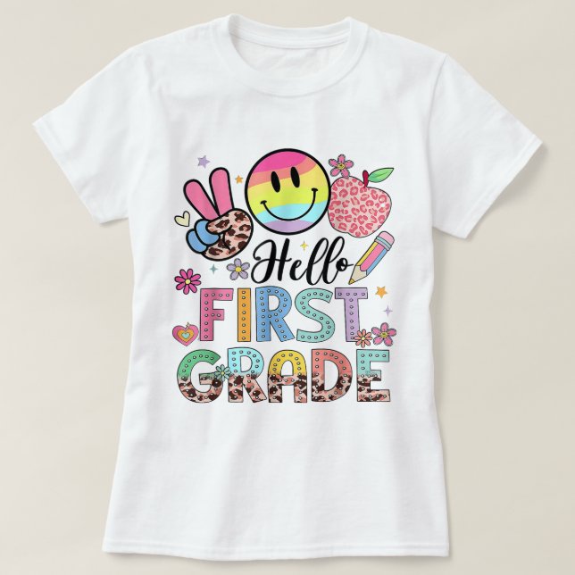 Camiseta Hola Maestra de Primer Grado Coquette Lazo de Lápi (Diseño del anverso)