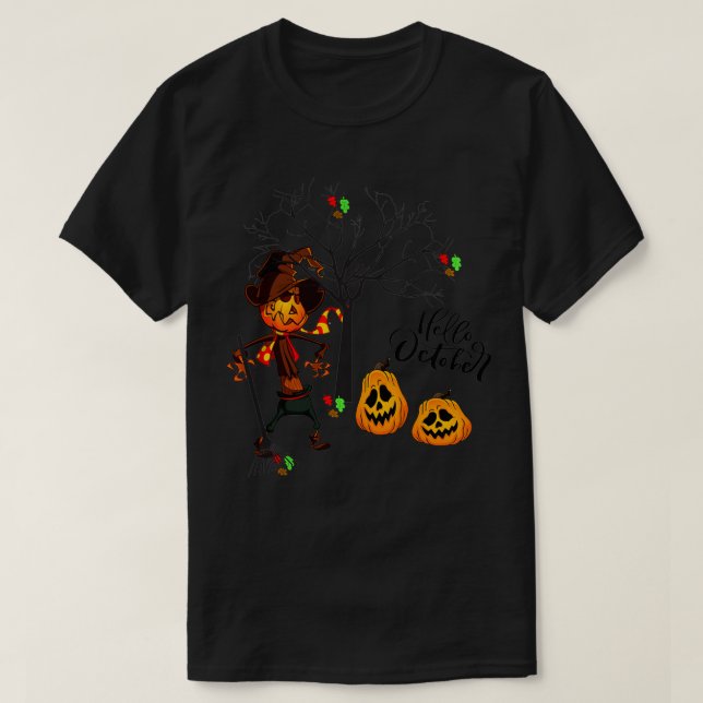 Camiseta Hola Octubre otoño deja a Jack O' Lantern Fall S (Diseño del anverso)