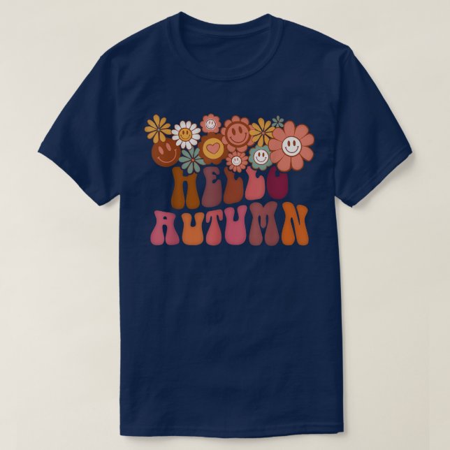 Camiseta Hola Otoño Retro Groovy Daisy Flower Funny Fall (Diseño del anverso)