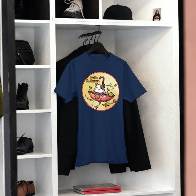 Camiseta Hola otoño, un gato lindo se sienta en el paraguas (Subido por el creador)