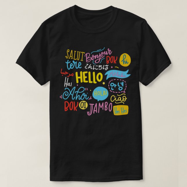 Camiseta Hola palabra en diferentes idiomas Viajes y Enseña (Diseño del anverso)