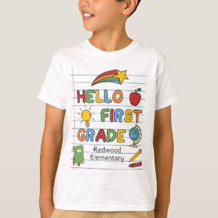 Camiseta Hola Papel de Escuela de Primer Grado Líneas y Gar