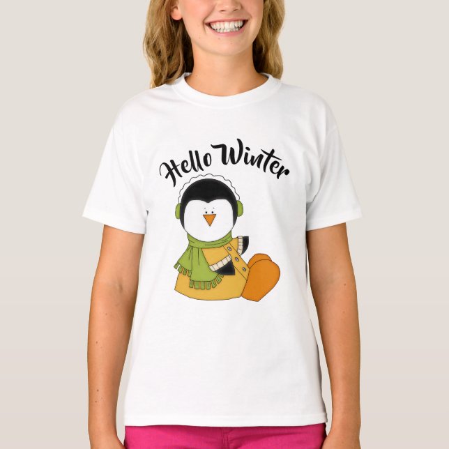 Camiseta Hola Pingüino de Invierno en Abrigo Dorado (Anverso)