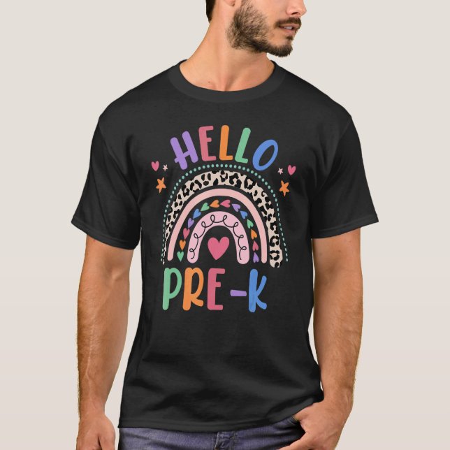 Camiseta Hola Pre K Grado Leopard Boho Arcoiris Primer Día  (Anverso)