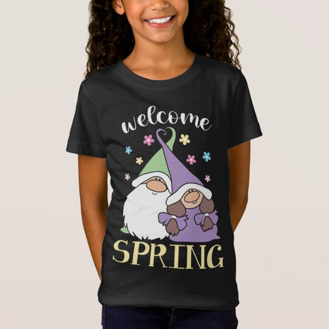 Camiseta Hola Primavera floral Gnomes pareja Flores bienven (Anverso)