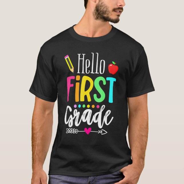 Camiseta Hola, primer grado de equipo de primer grado, vuel (Anverso)
