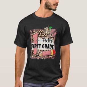 Camiseta Hola primer grado Lápiz rosa Leopardo Apple Back T