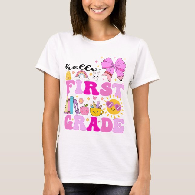 Camiseta Hola primer grado, preppy vuelve a la escuela (Anverso)