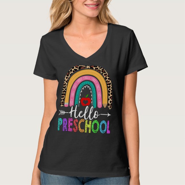 Camiseta Hola Profesor De Preescolar Rainbow Leopard De Vue (Anverso)