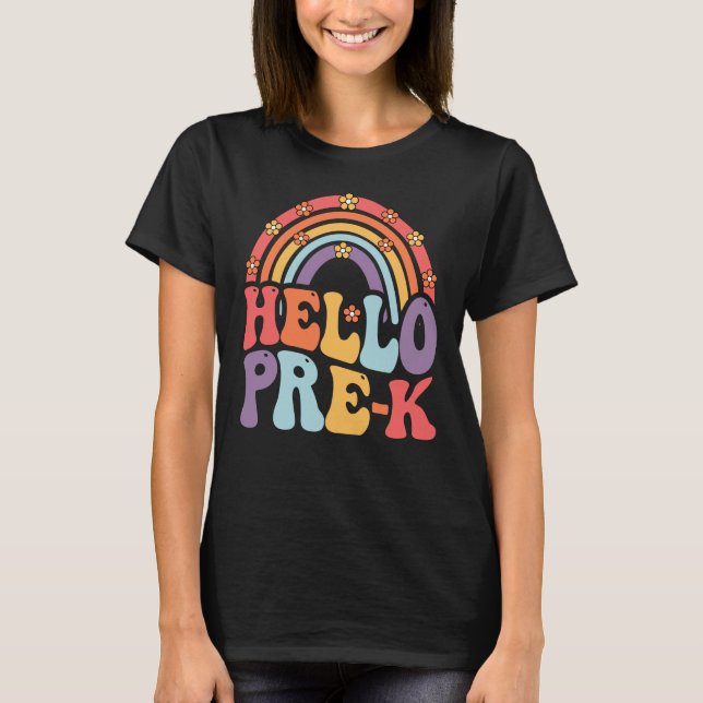 Camiseta Hola retro pre k Boho Rainbow de vuelta a la escue (Anverso)