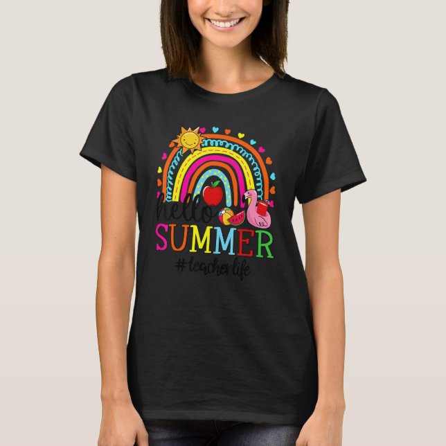 Camiseta Hola Summer Rainbow Flamingo Watermelon Teacher L (Anverso)