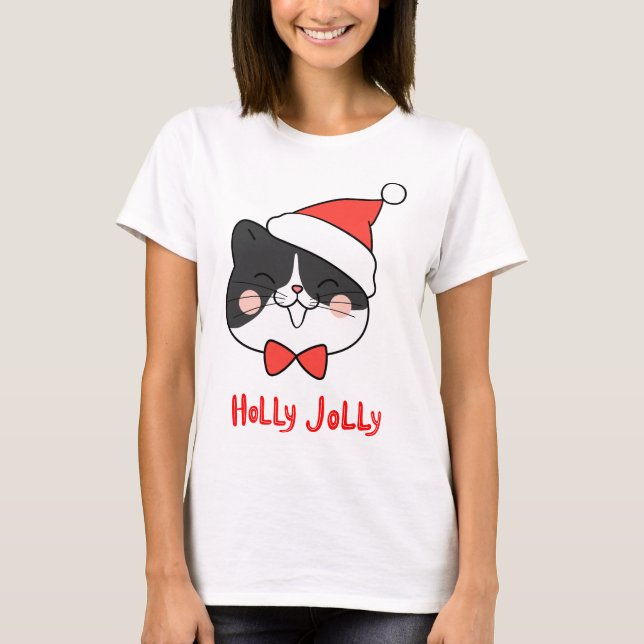Camiseta Holly Jolly Cute Kawaii Santa Cat (Anverso)
